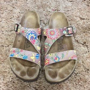 Flowered beige slip on Birkenstock’s Sz 38